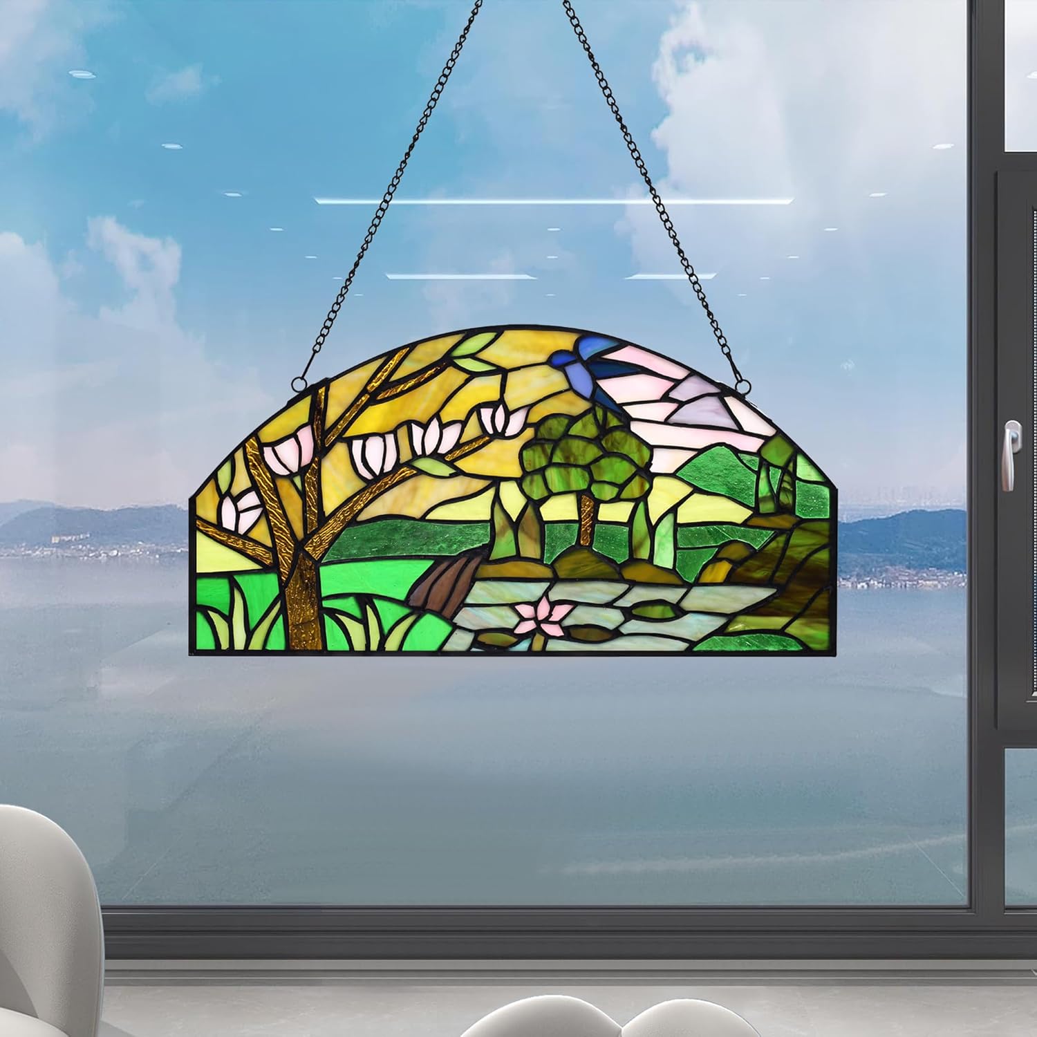 YOURANJU Half Moon Stained Glass Window Hanging Tiffany Style 16" x 8" Half-Round Window Panel