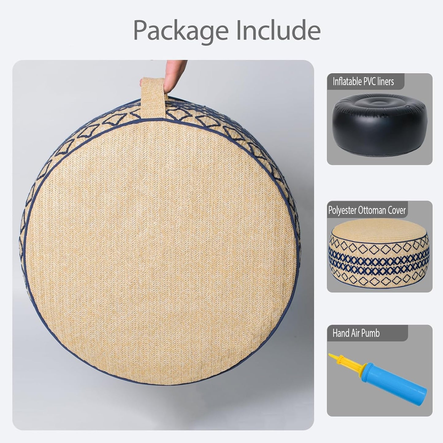 Outdoor Inflatable Ottoman with Air Pump, Embroidery Patio Footrest Stool D21”x H9”, Round Pouf