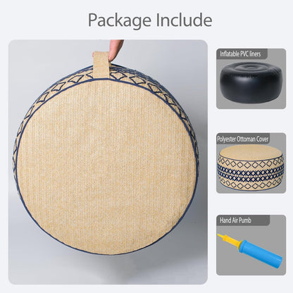 Outdoor Inflatable Ottoman with Air Pump, Embroidery Patio Footrest Stool D21”x H9”, Round Pouf