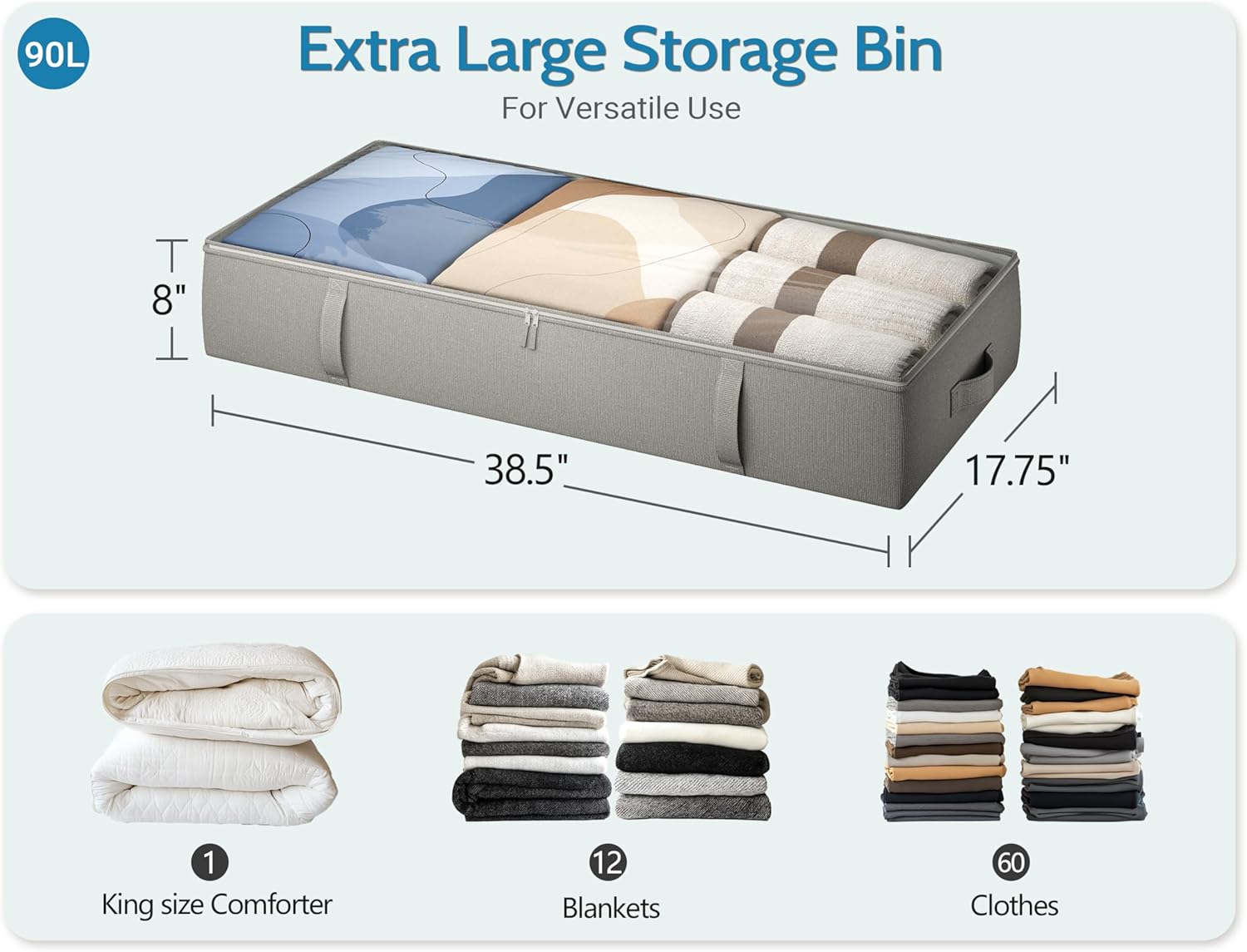 2-Pack Under Bed Storage Containers, 8 Inches Tall Underbed Clothes Storage Organizer Bin with