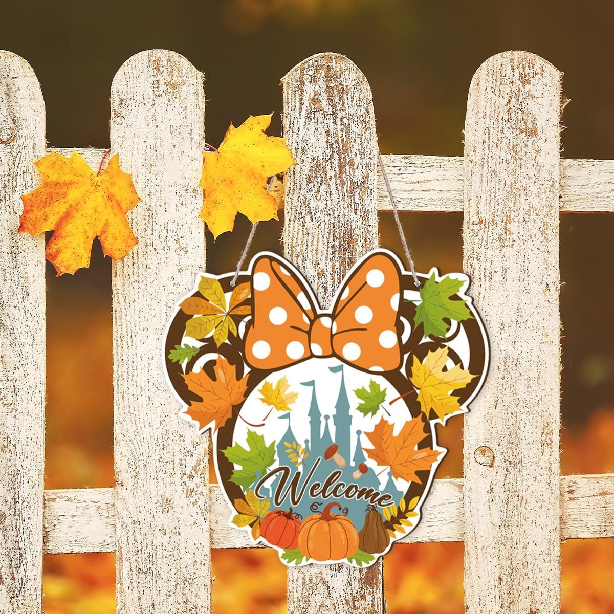 Fall Mouse Welcome Door Sign, Wooden Maple Leaves Mushroom Hanging Decor for Front Door, Fall Wood