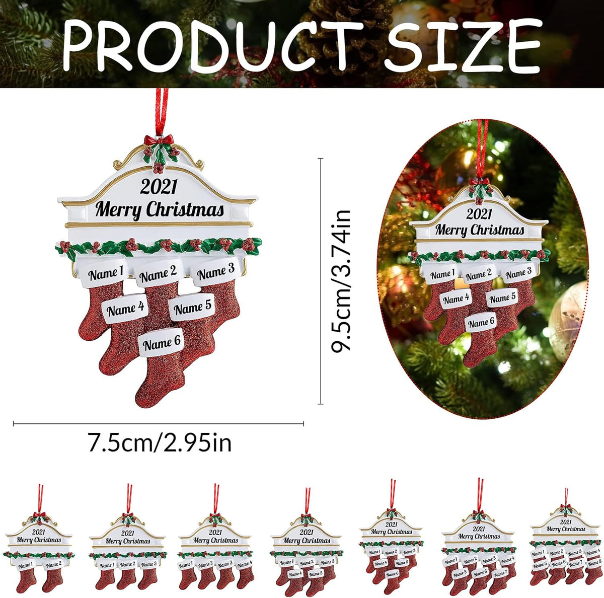 Amlion Personalized Ceramic Christmas Stocking Ornaments, Family of 2-8, Custom Names, Traditional