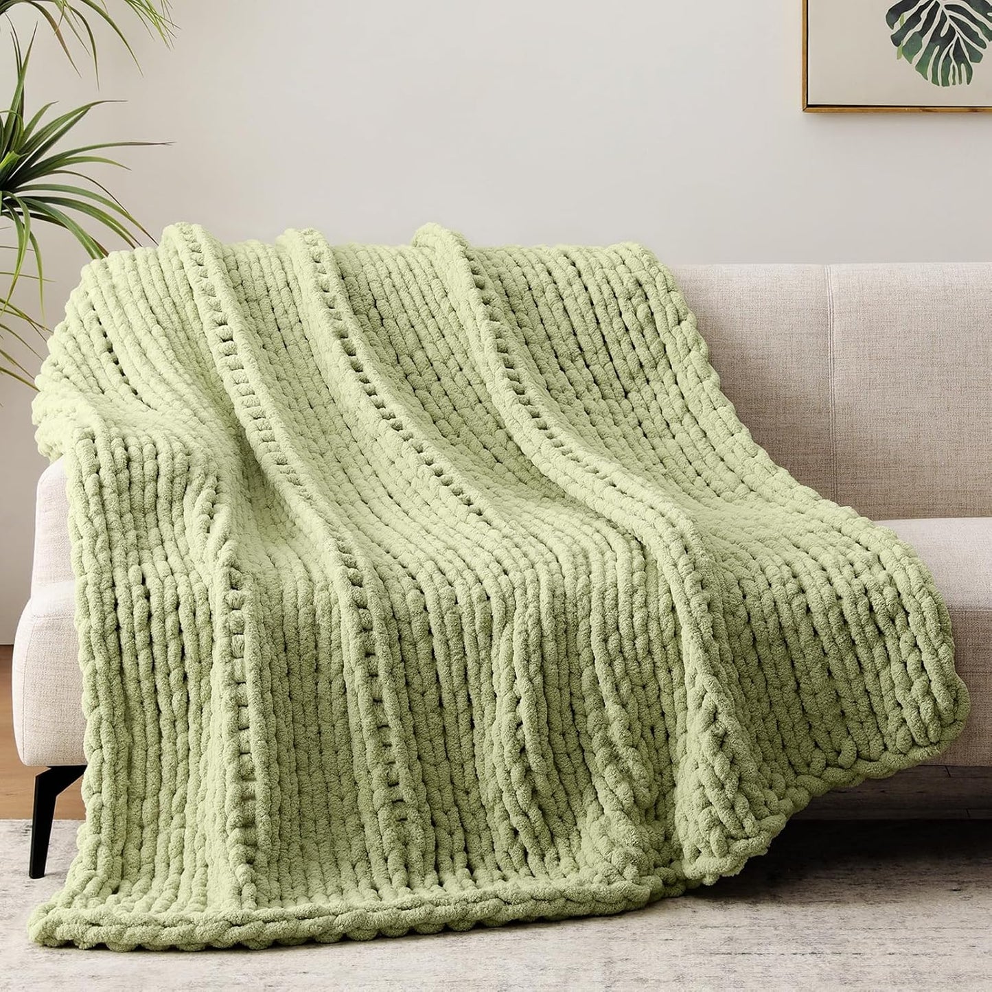 Chunky Knit Throw Blanket, 60''*80'' Knitted Throw Chenille Yarn for Bed Couch, Handmade Light
