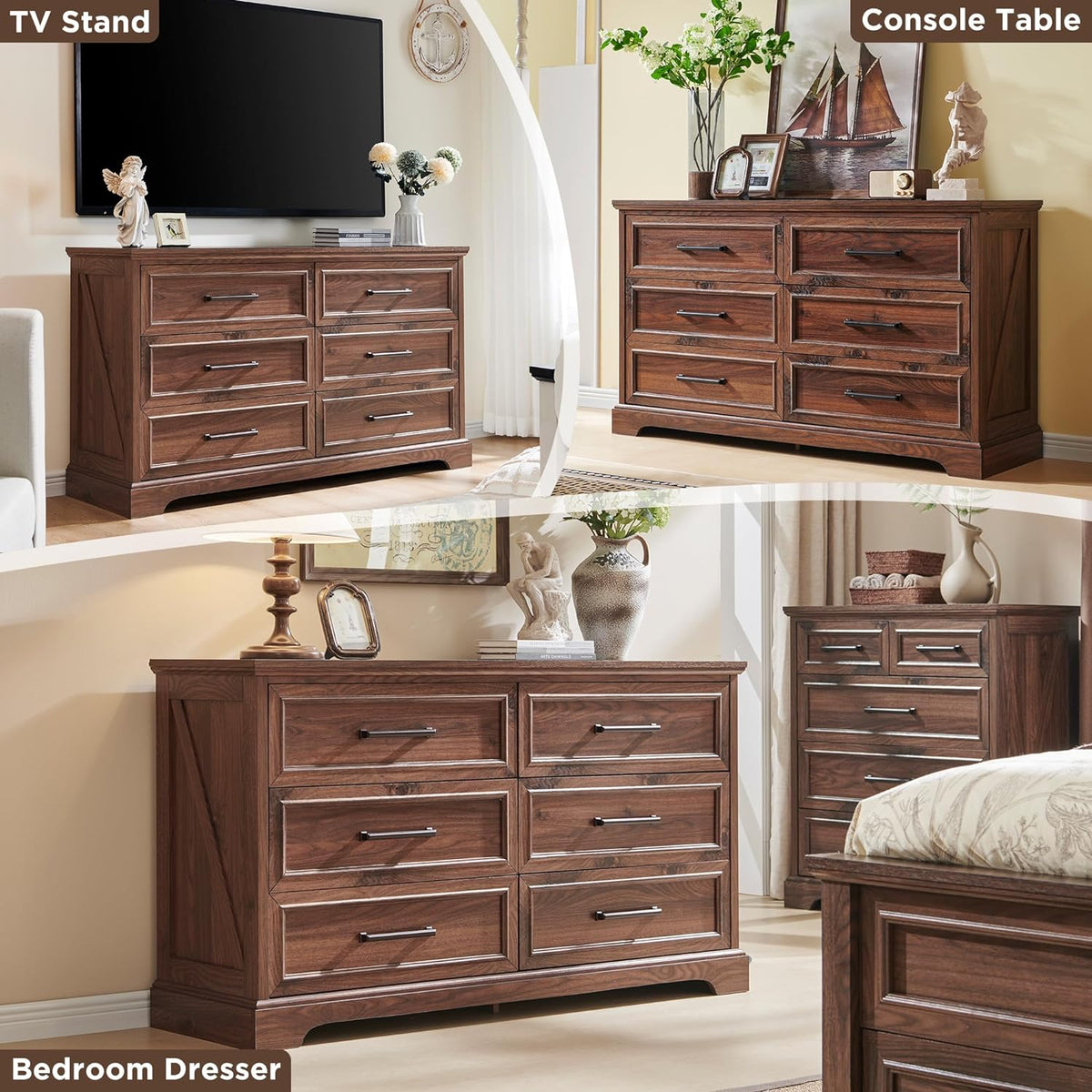 Farmhouse 6 Drawer Dresser for Bedroom, 52 Inch Wide Modern Dresser TV Stand with Large Drawers &