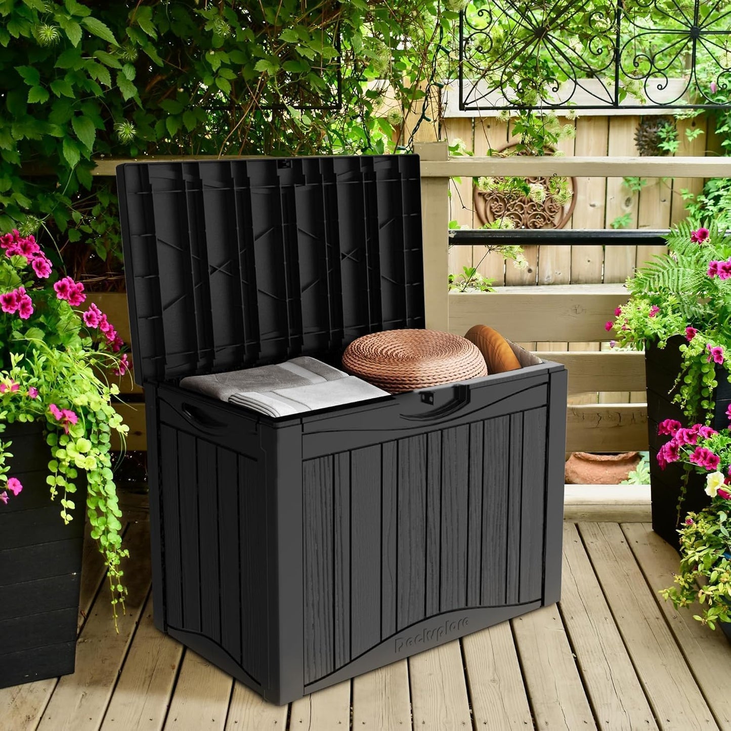45 Gallon Lockable Resin Deck Box, Waterproof & UV-Resistant Outdoor Storage Box for Outdoor