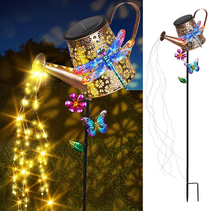 Solar Lights Outdoor Decorative, 39.4'' Metal Solar Watering Can Lights with Dragonfly, Waterproof
