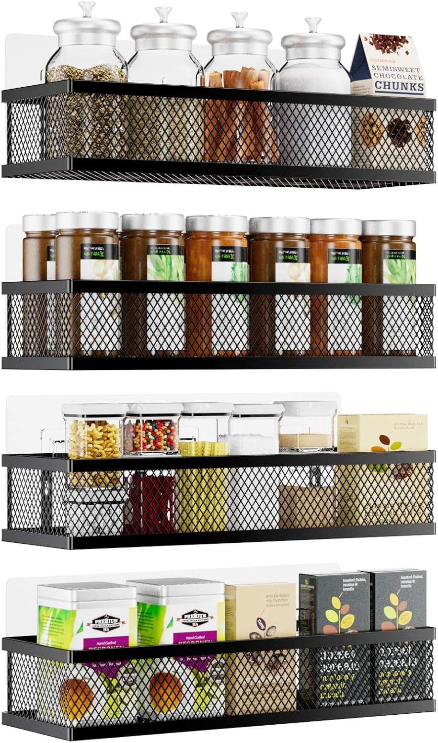 Spice Rack Wall Mount, 4 Pack Pantry Door Organizer & Hanging Storage Baskets Organizer Wall Mount