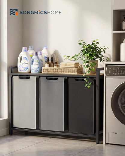SONGMICS HOME Laundry Basket Sorter with Storage Shelf, Laundry Hamper with Metal Frame, 3 x 10.6