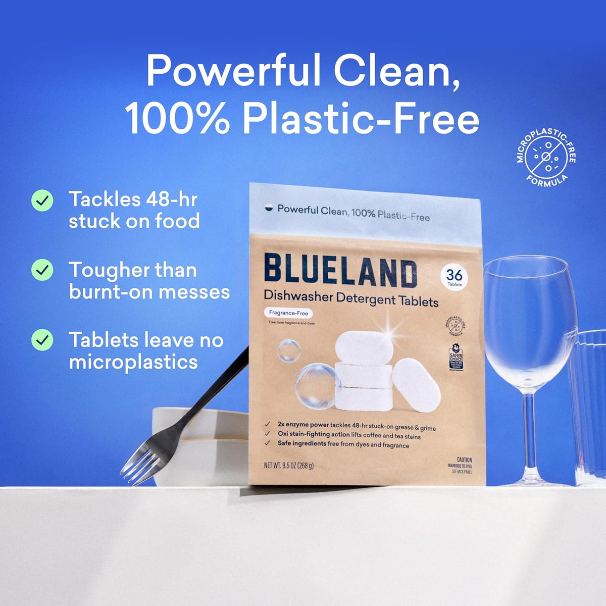 BLUELAND 100% Plastic-Free Dishwasher Detergent Tablets, Starter Set, 60 Count with tin, Free &