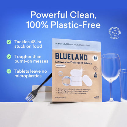 BLUELAND 100% Plastic-Free Dishwasher Detergent Tablets, Starter Set, 60 Count with tin, Free &