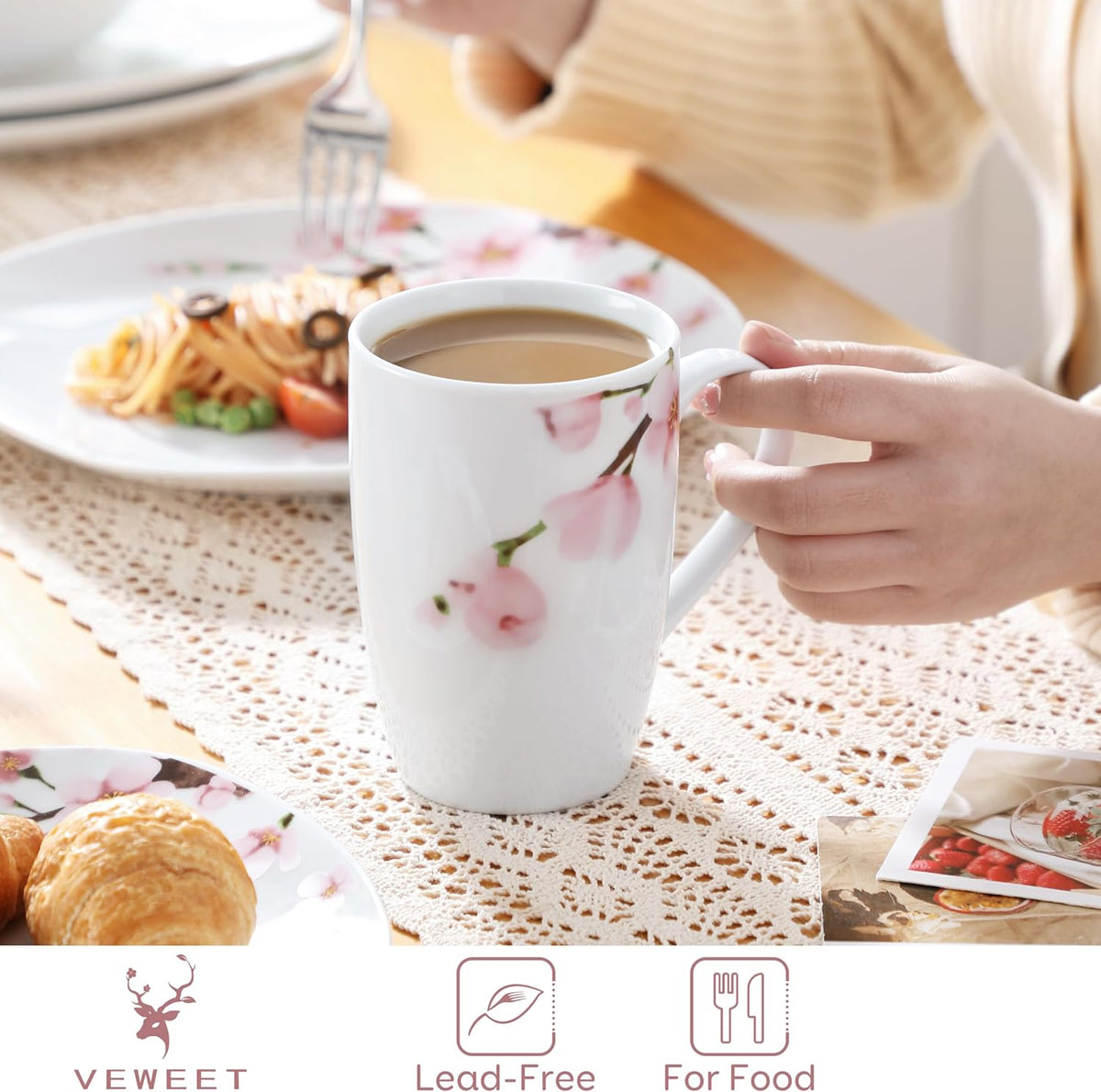 VEWEET Large Coffee Mugs Set of 6, 16 OZ Coffee Cups Set with Handle, Floral Mug Sets Ceramic Cup