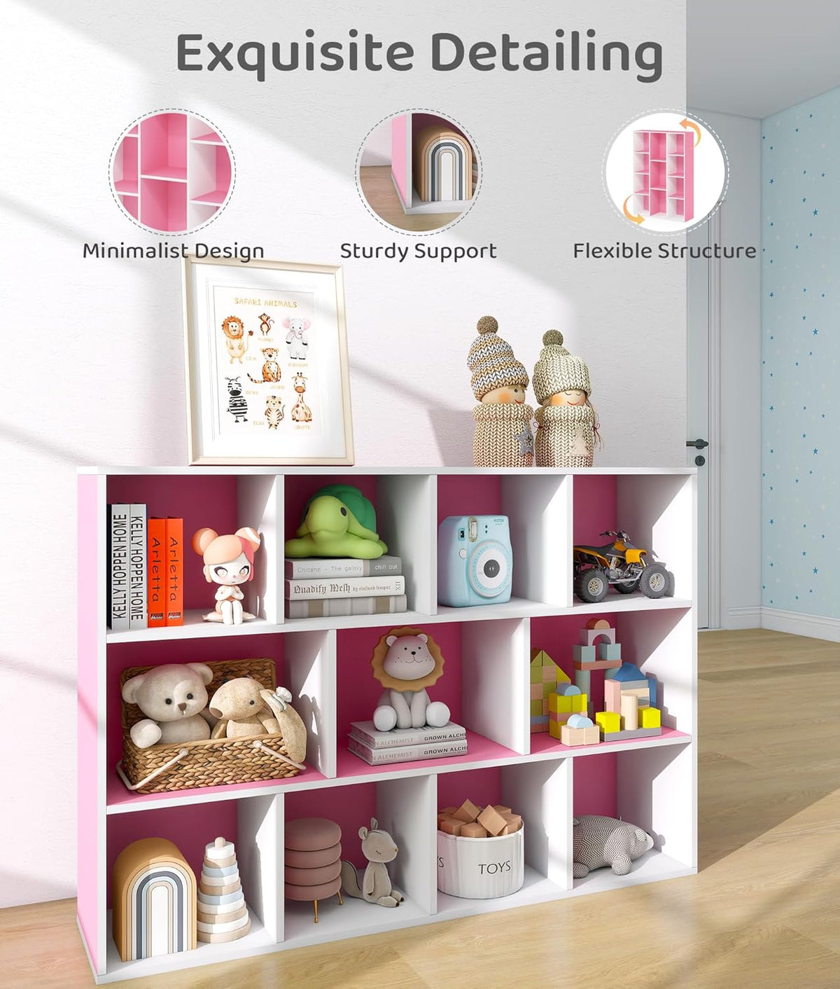 11-Cube Pink Kids Bookshelf and Toy Organizer – Wooden Storage Shelf for Girl’s Room and Nursery