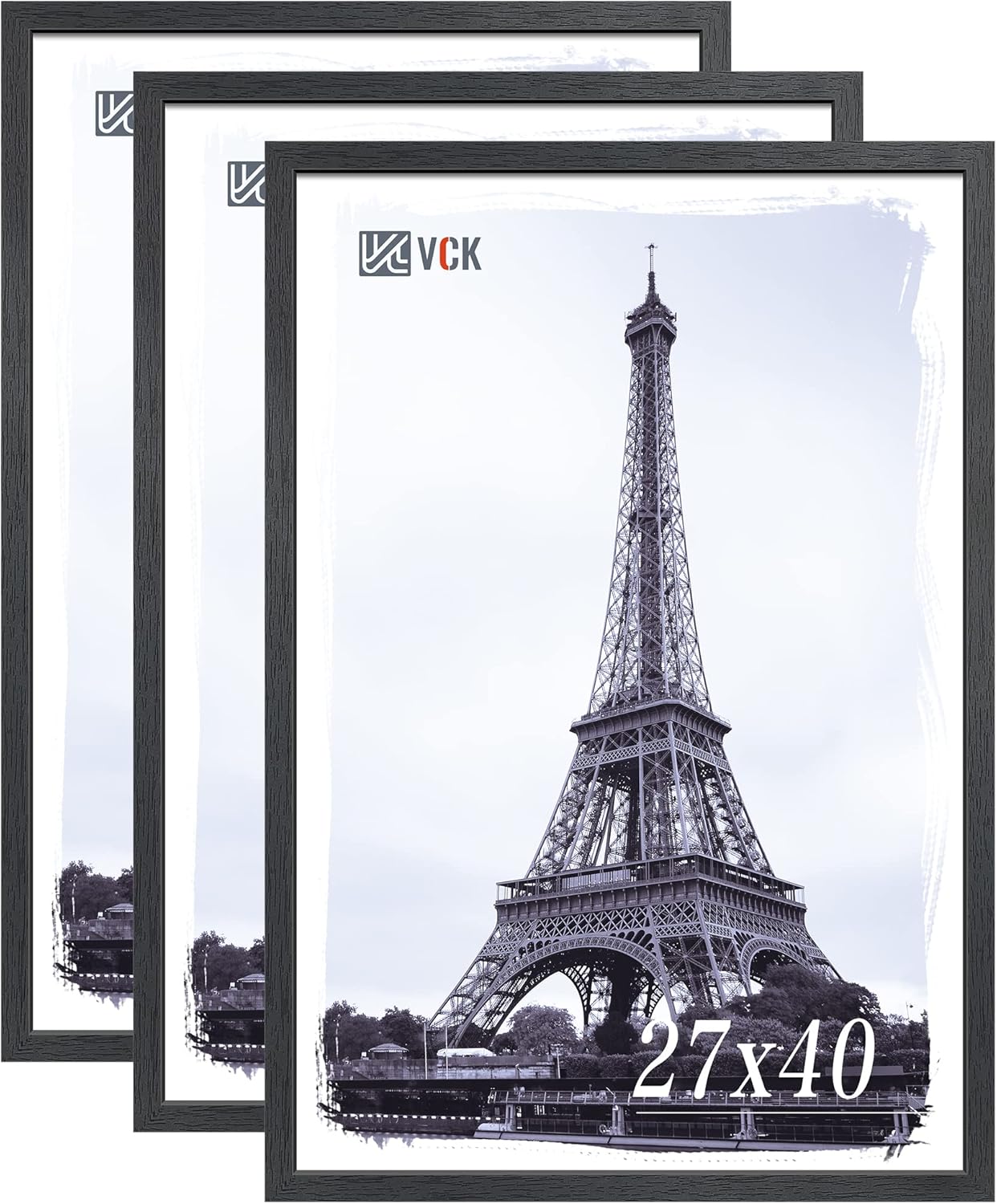 VCK 27x40 Solid Wood Poster Frames Set of 3, Exclusive Woodgrain Black Picture Frame, Wall Mounting