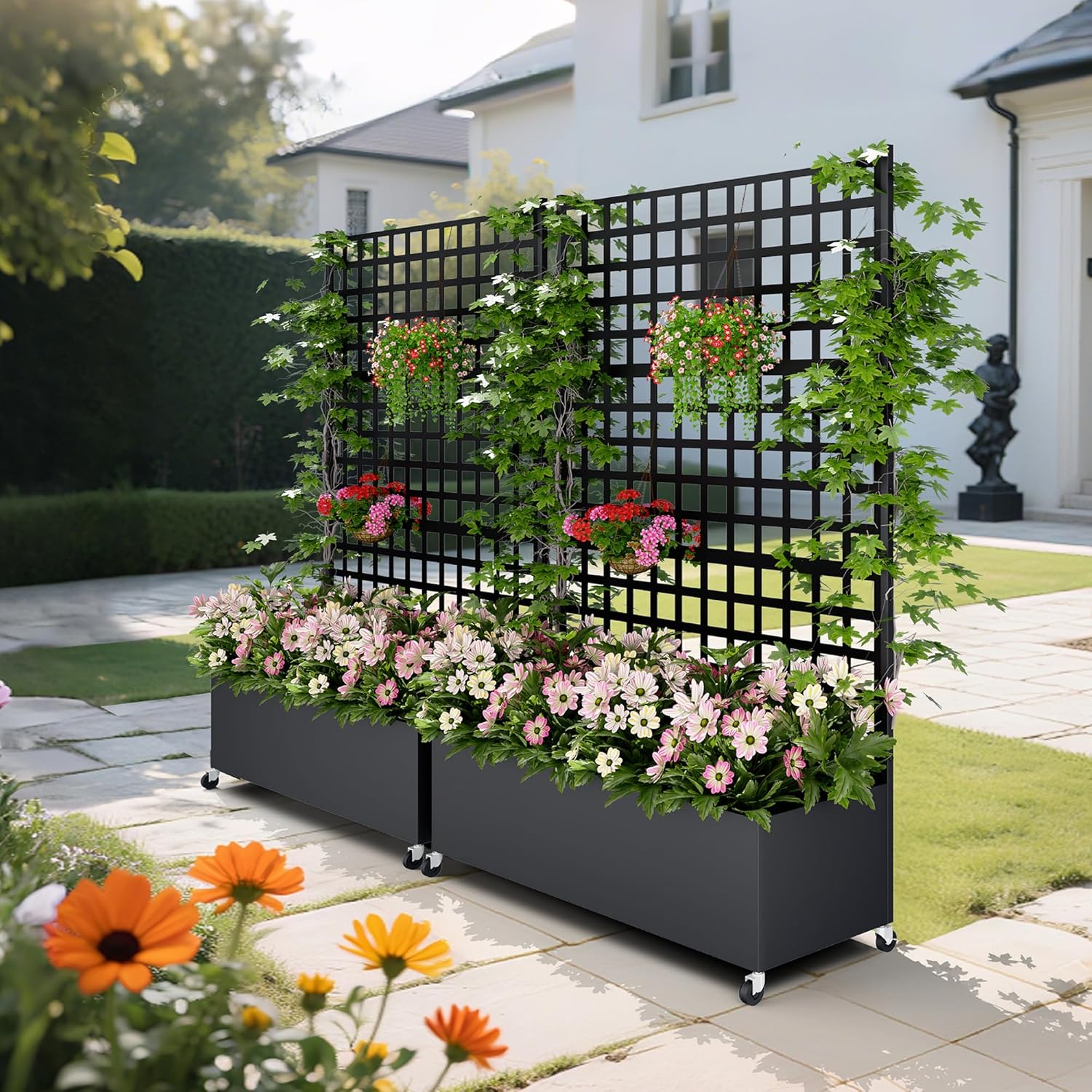 Metal Planter Box with Trellis Privacy Screen, Raised Garden Bed with Lattice Trellis & Wheels