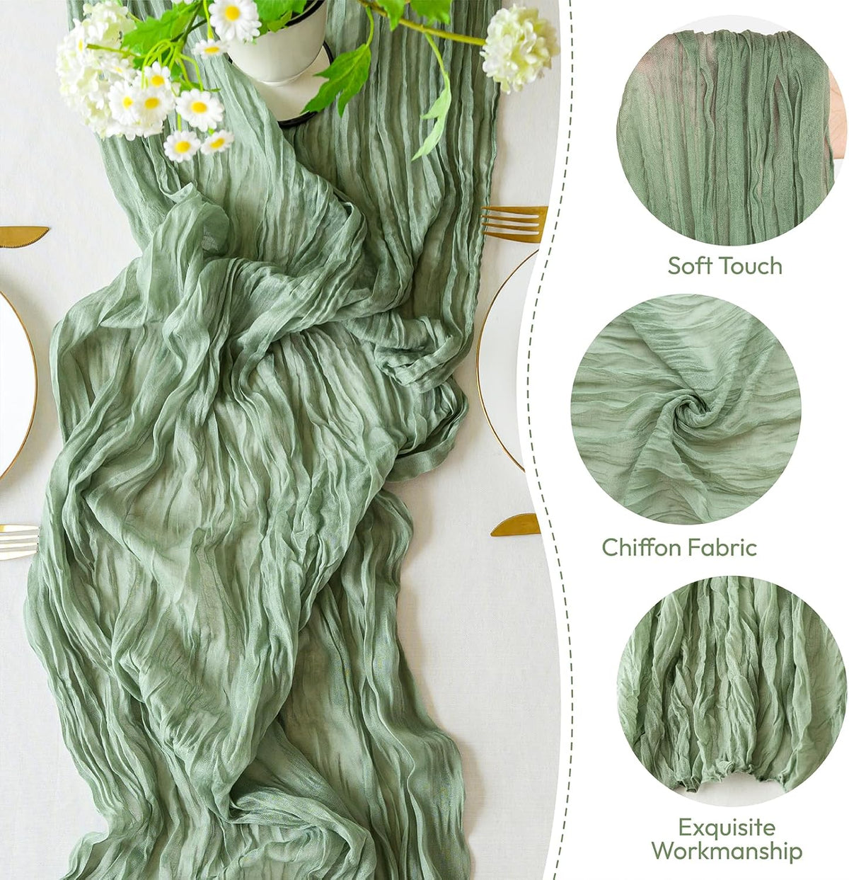 Sioloc 5 Pack Sage Green Cheesecloth Table Runner Fall Autumn Decor for Home 10ft Table Cloth for