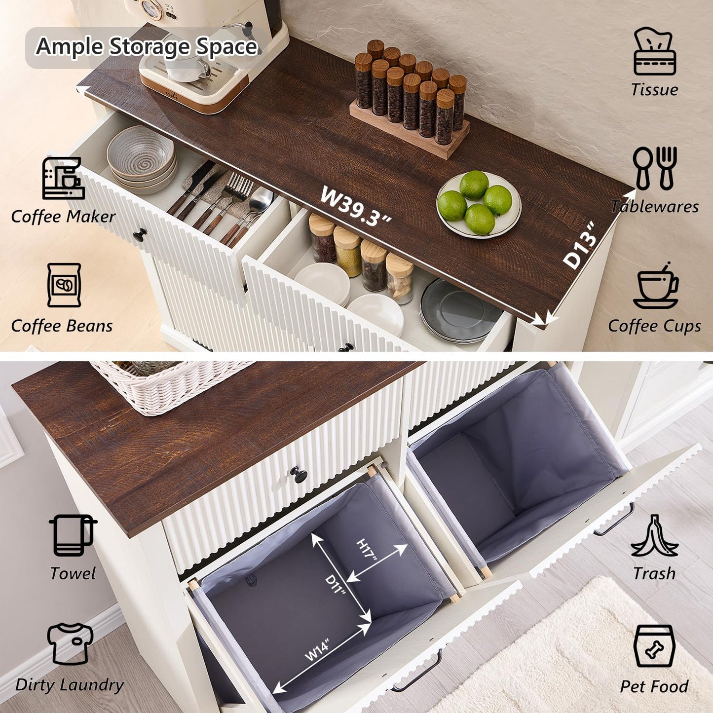 Modern Double Tilt-Out Trash Cabinet, 20 Gallon Fluted Laundry Hamper Cabinet w/2 Drawers, Wooden