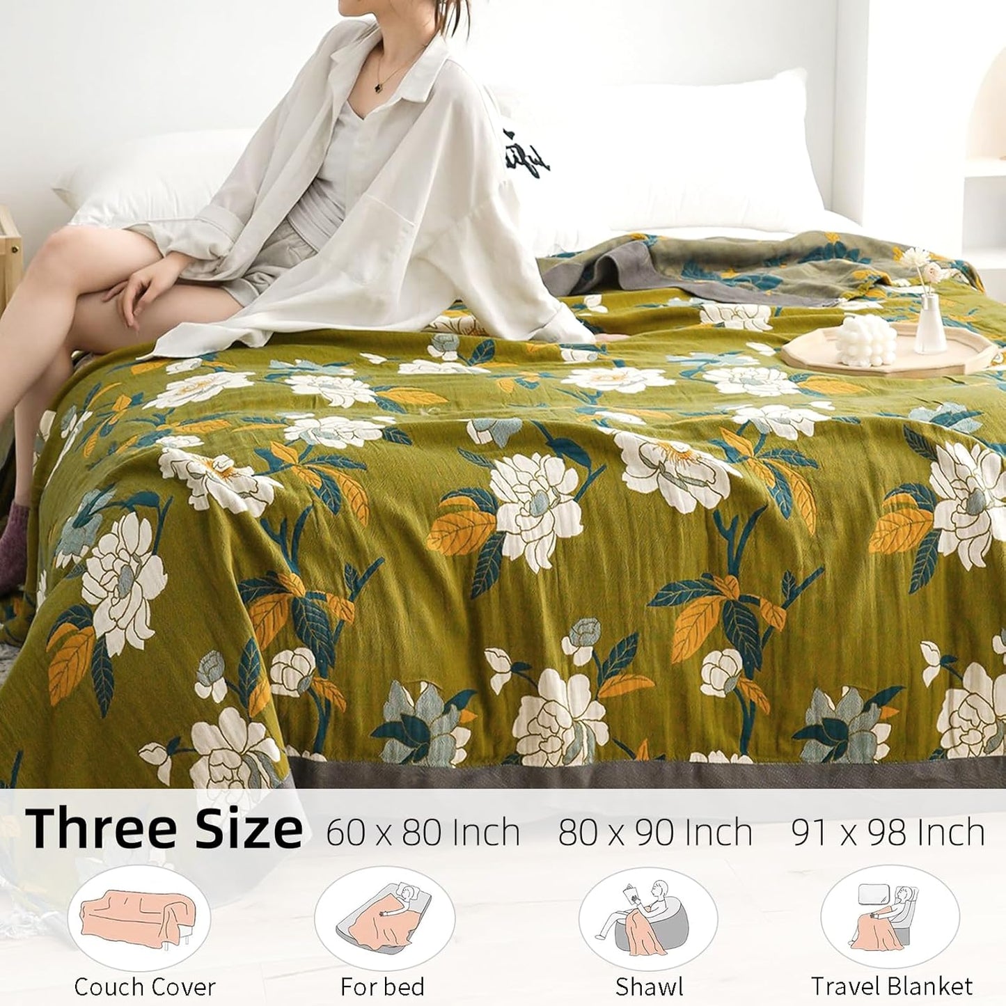 Boho Throw Blanket for Bed - 100% Pure Cotton Ultra Soft Rustic Quilt - Farmhouse Decor Bed