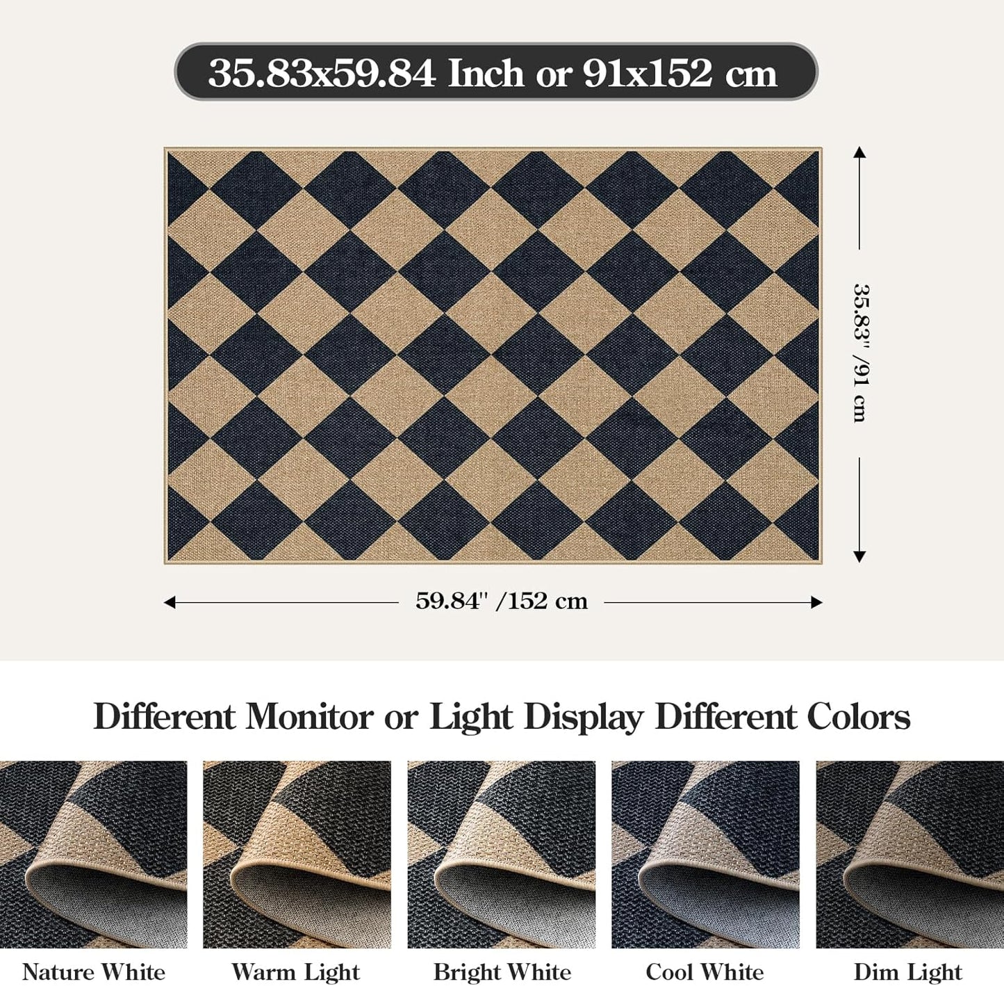 Lahome Checkered Easy Jute 3x5 Outdoor Patio Rug, Washable Rugs for Entryway Diamond Indoor Outdoor