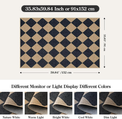 Lahome Checkered Easy Jute 3x5 Outdoor Patio Rug, Washable Rugs for Entryway Diamond Indoor Outdoor