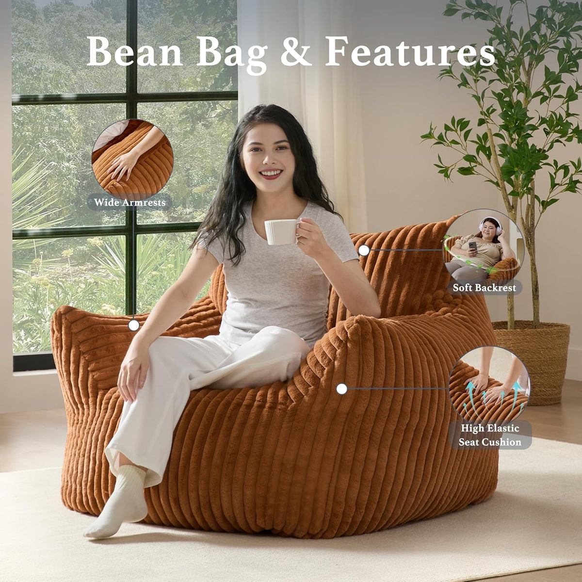 Giant Plush Bean Bag Chair for Adults with Armrests - Oversized Comfy Orange Beanbag Lounge Lazy