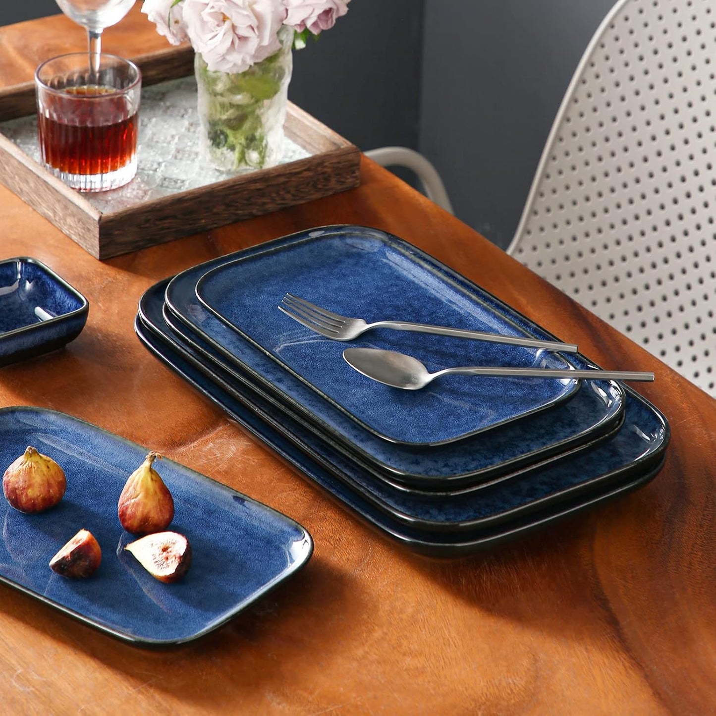 vancasso Stern Serving Platters Set of 3, 15/13/ 11 Inches Rectangular Serving Plates, Blue Serving