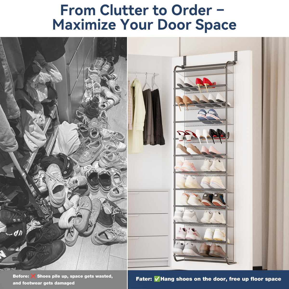 Whitmor 36 Pair Over The Door Shoe Organizer, 12 Tier Hanging Shoe Organizer, Heavy Duty Metal &