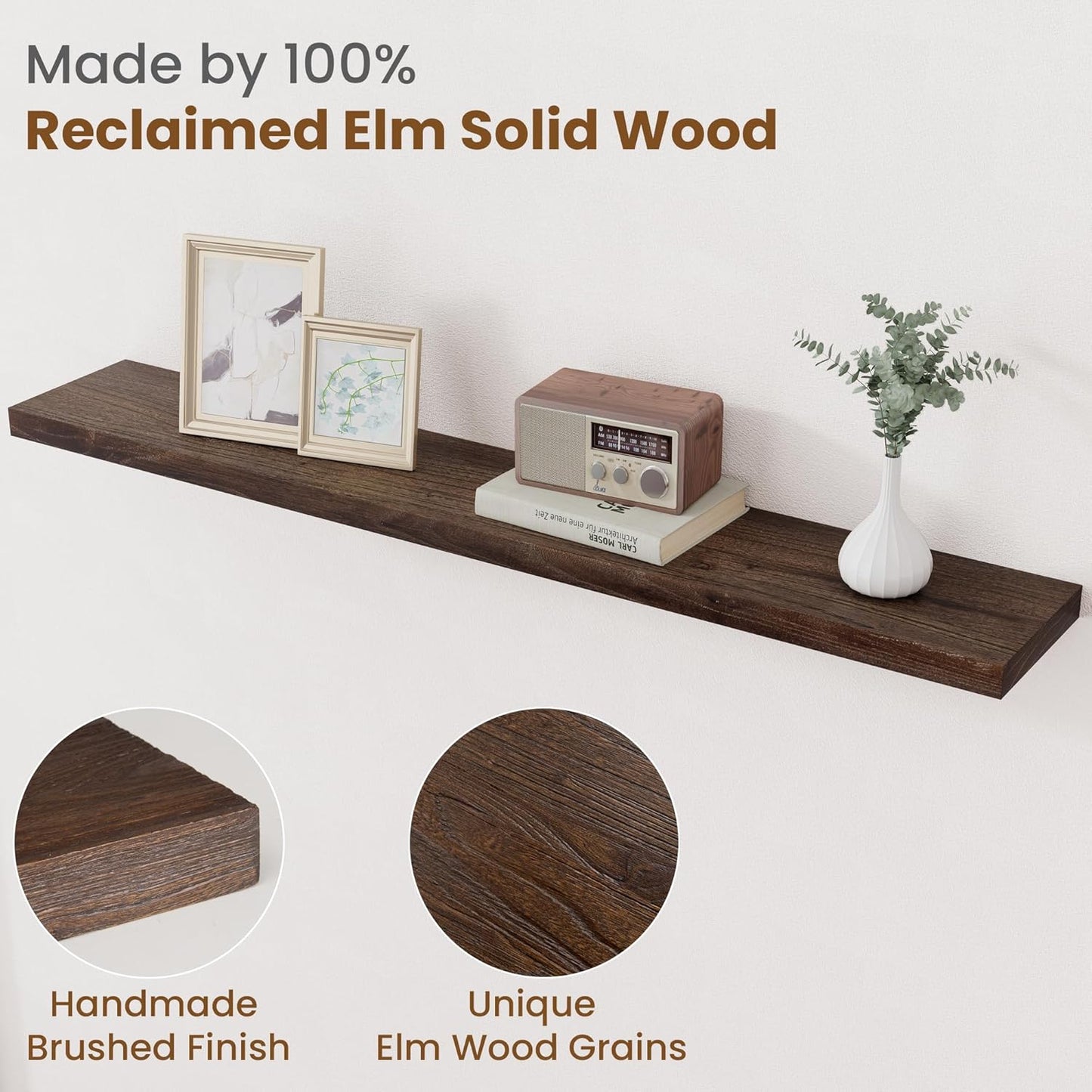 Floating Shelves for Wall Decor, 8 Inch Deep Rustic Solid Elm Wood Floating Shelves Wall Mounted