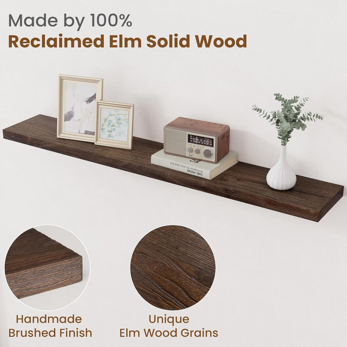 Floating Shelves for Wall Decor, 8 Inch Deep Rustic Solid Elm Wood Floating Shelves Wall Mounted