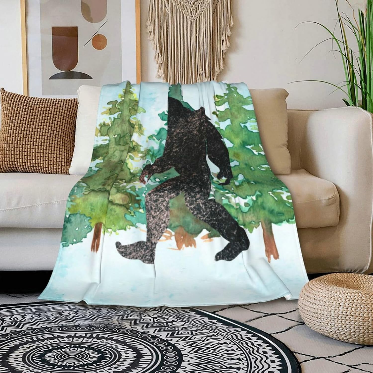 HGOD DESIGNS Sasquatch Watercolor Flannel Fleece Bed Blanket Throw Blanket Lightweight Cozy Plush