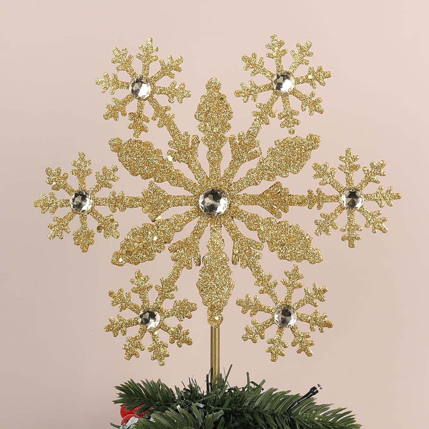 Christmas Tree Topper, hogardeck Gold Snowflake Tree Topper for Christmas Decor, Glittered Tree