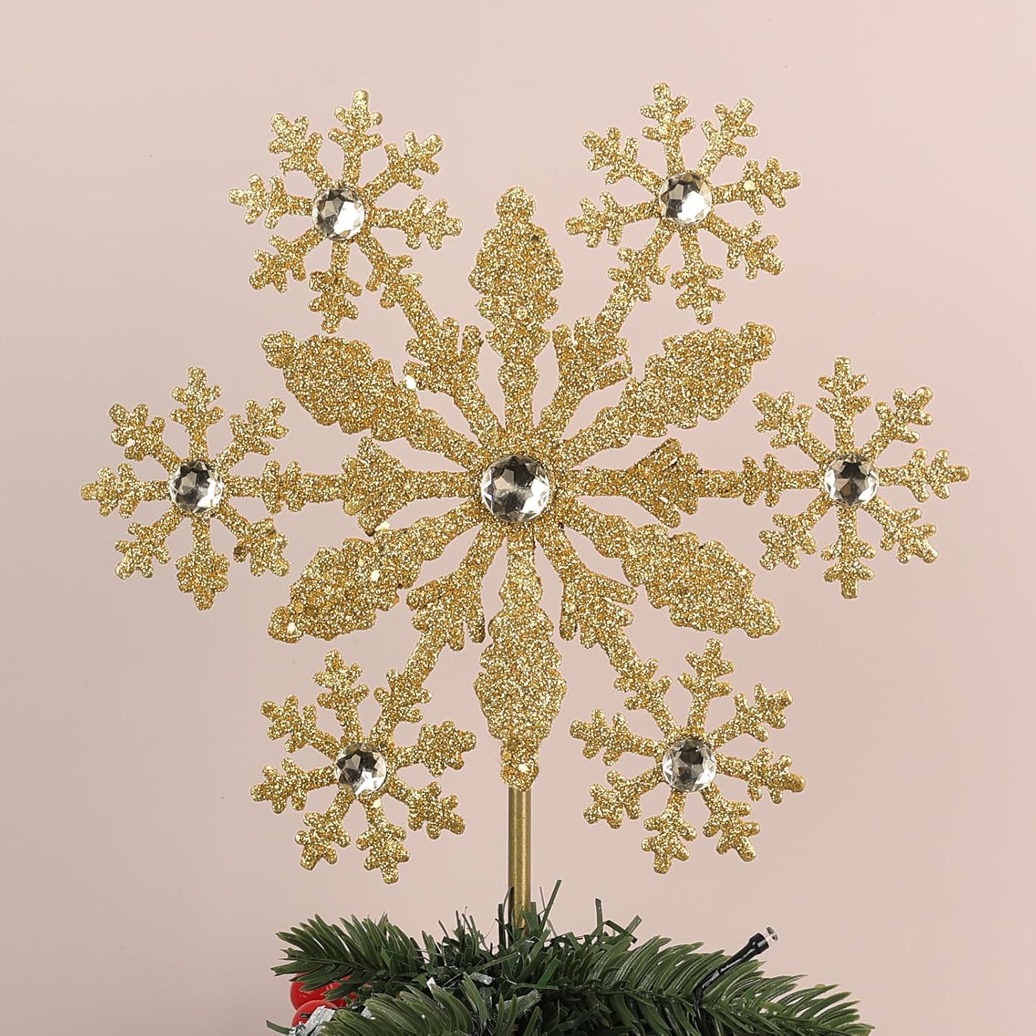 Christmas Tree Topper, hogardeck Gold Snowflake Tree Topper for Christmas Decor, Glittered Tree