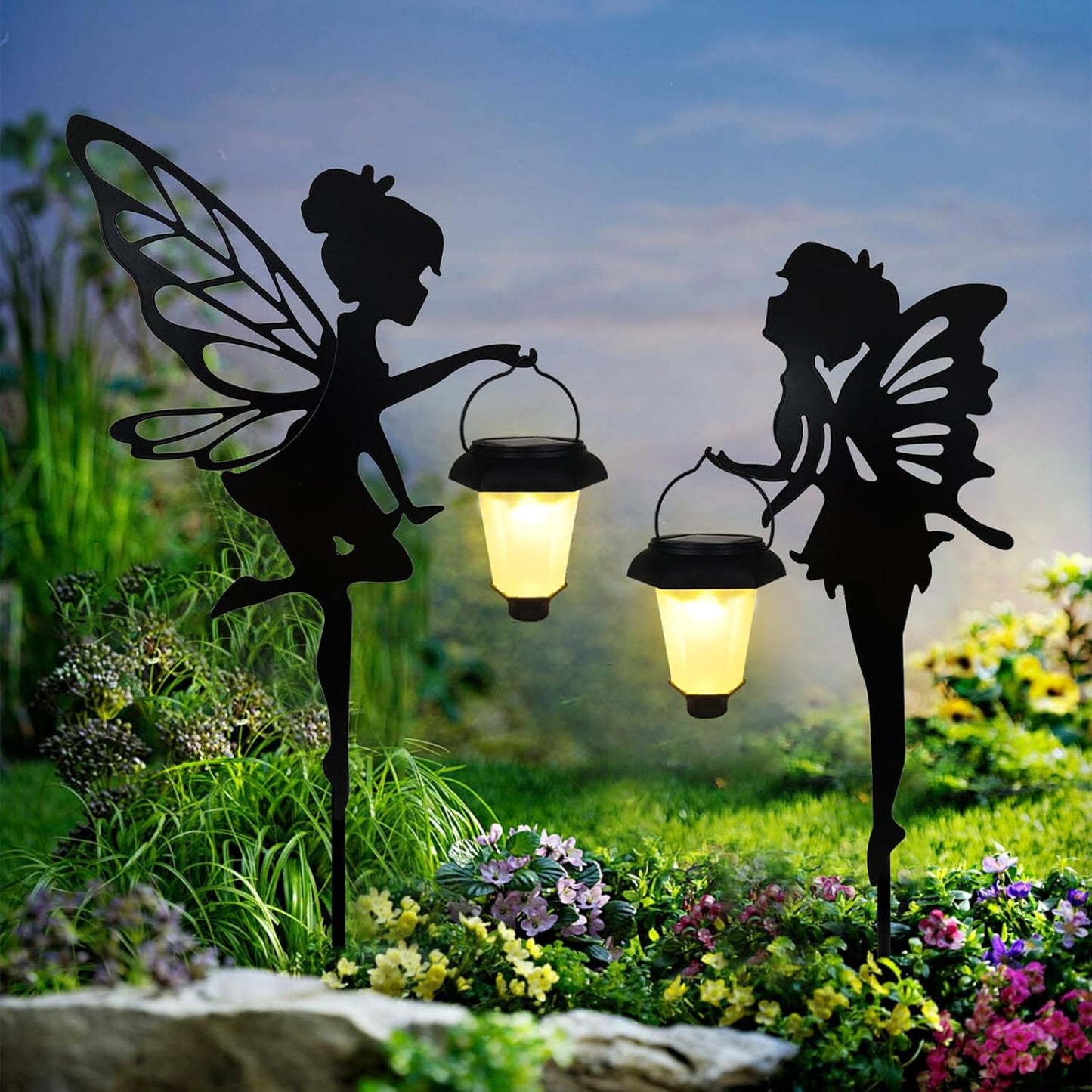 Solar Fairy Garden Stake Decorative Lantern, 2 Pack Metal Fairy Angel Garden Silhouette Lights for