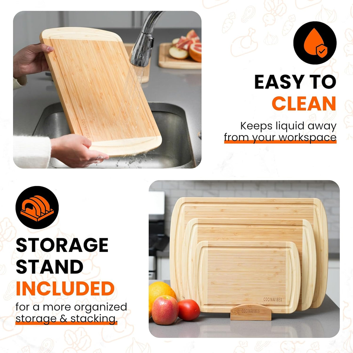 Bamboo Cutting Board Set – Charcuterie & Chopping Boards for Kitchen, Large & Small Sizes, Safe
