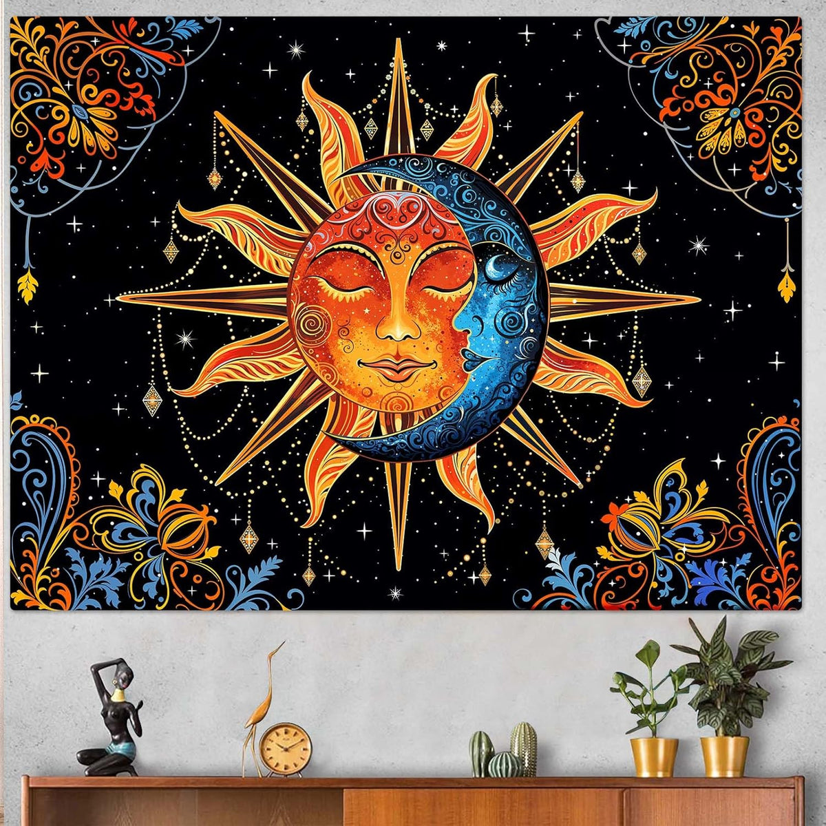 Lunerfex Sun and Moon Tapestry Mandala Wall Tapestry, Cute Tapestries for Bedroom Ceiling