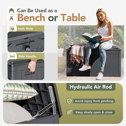 Flamaker Deck Box with Cushion 100 Gallon Waterproof Resin Storage Box with Air Rod Indoor Outdoor