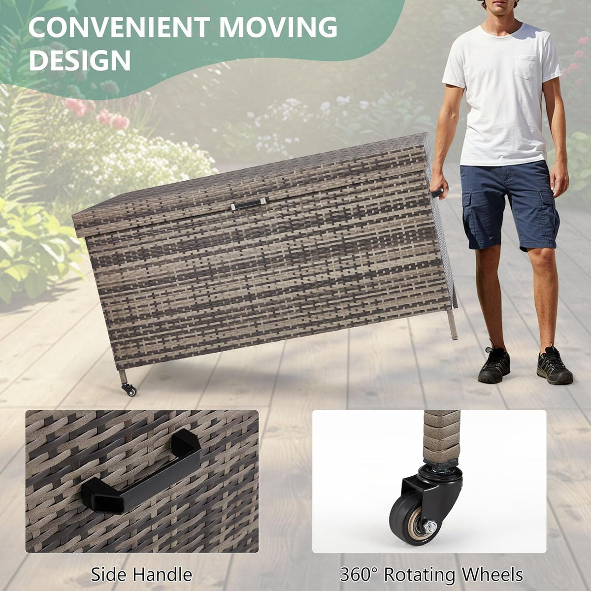 HOMREST Large Deck Box, Outdoor Wicker Storage Container with 240 Gallon, Patio Rattan Furniture