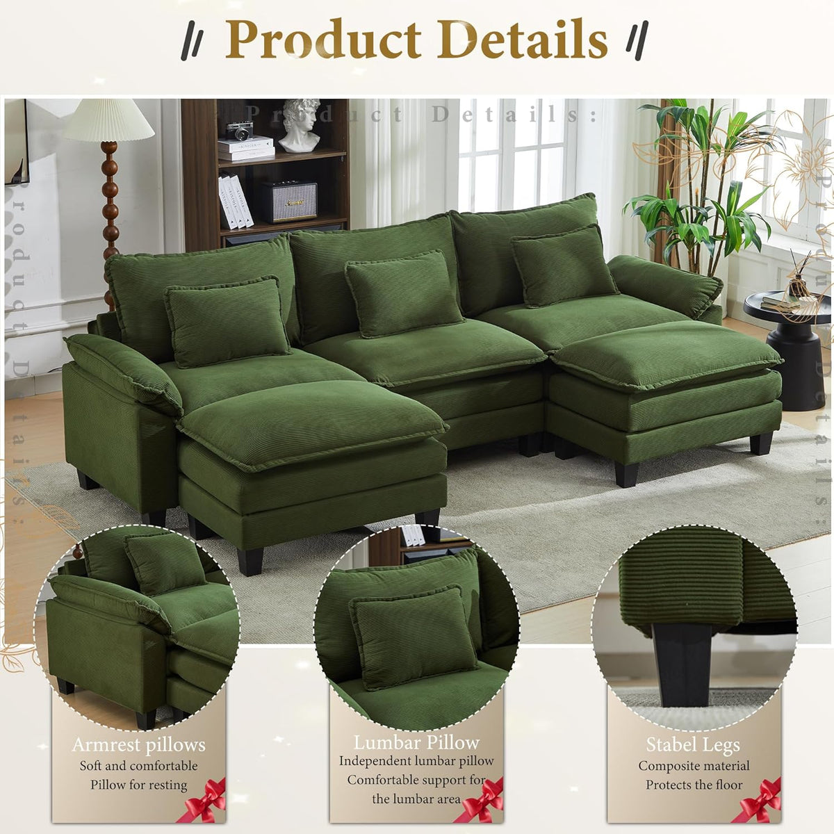URRED Modular Sectional Sofa Comfy Cloud Couch, Modern Corduroy Sofa Sleeper Deep Seat Couches with