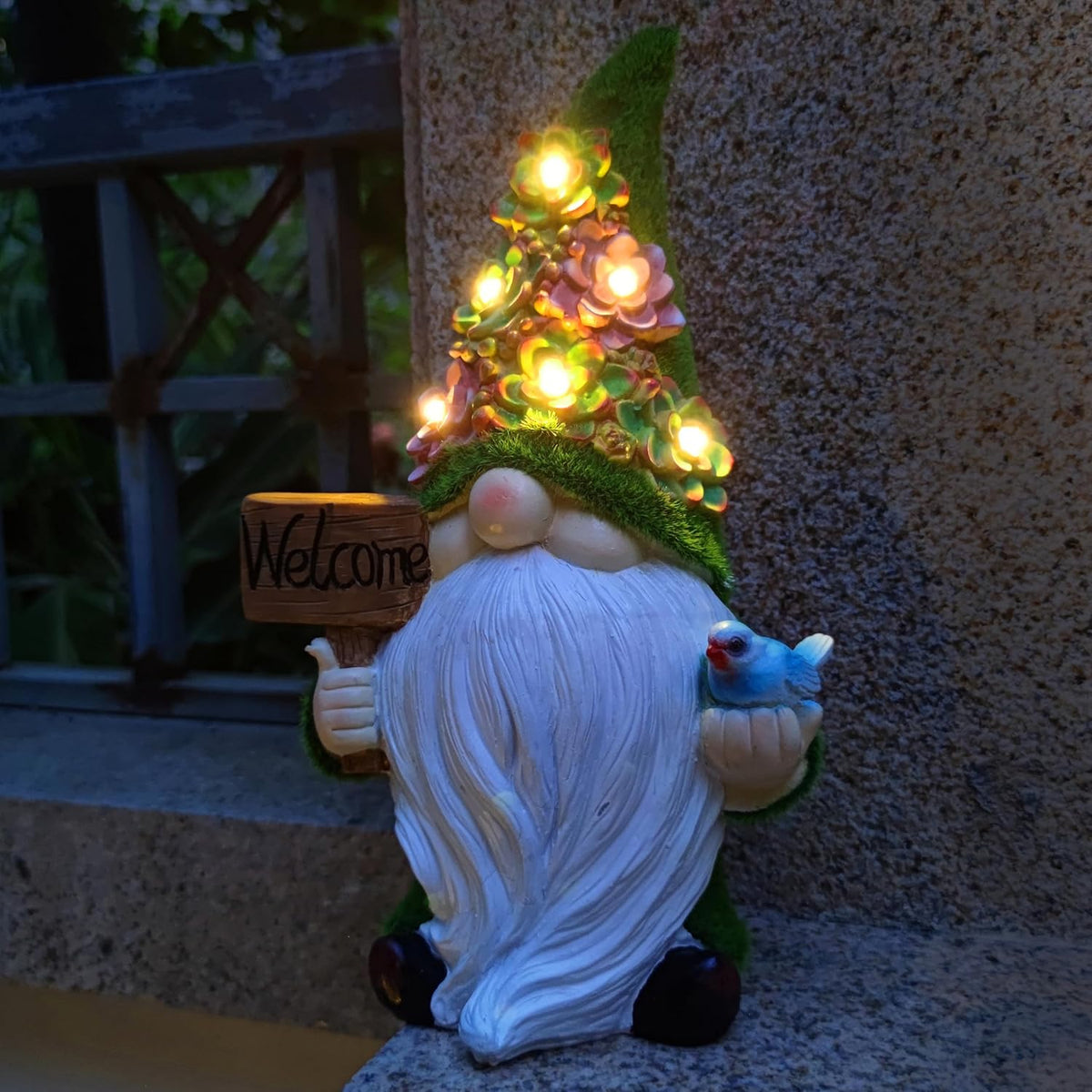 Solar Gnomes Garden Statues,Resin Gnome Figurine Holding Welcome Card and Bird with Solar Lights