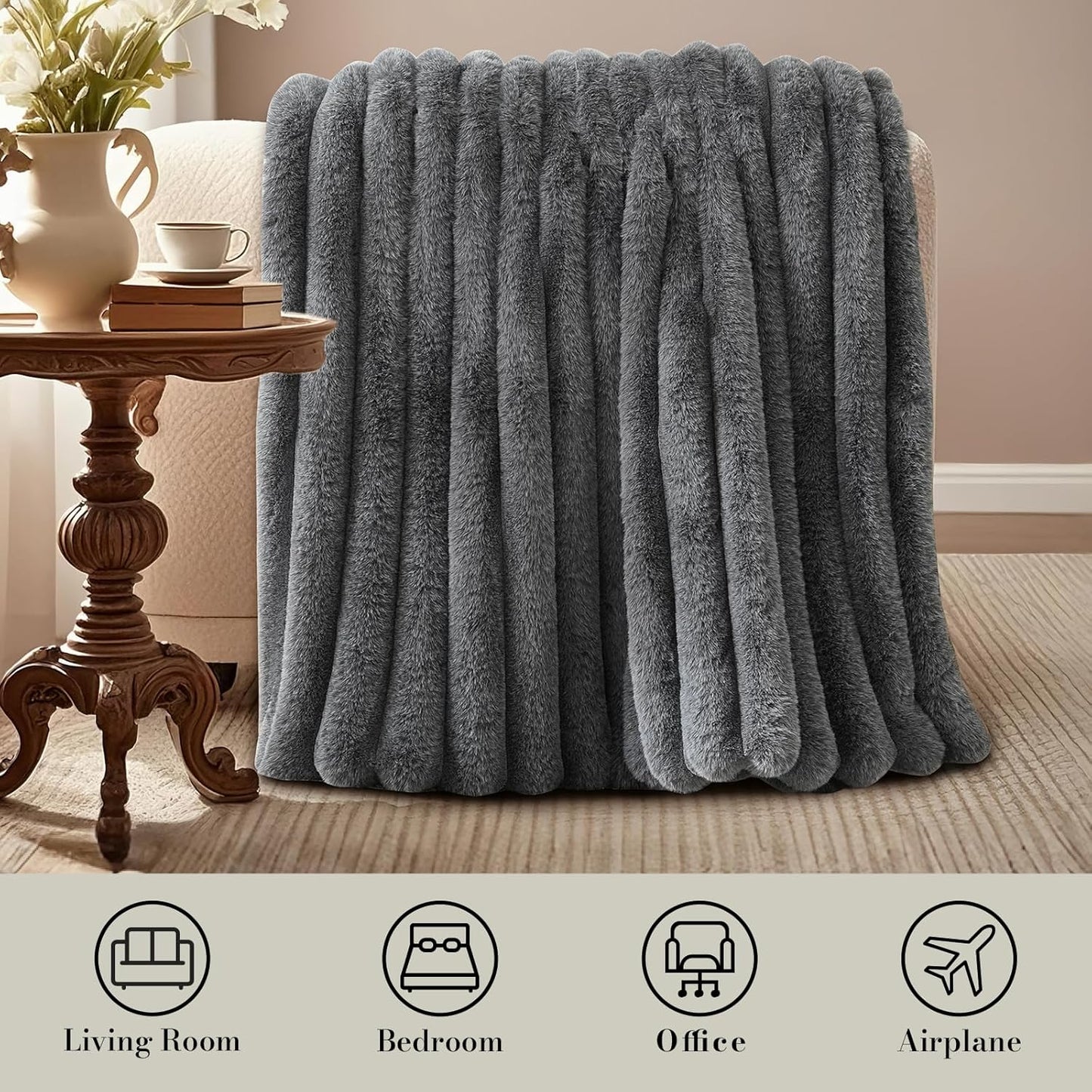 Amélie Home Faux Fur Throw Blanket for Couch, Ultra Cozy Fuzzy Fluffy Fur Luxurious Soft Striped