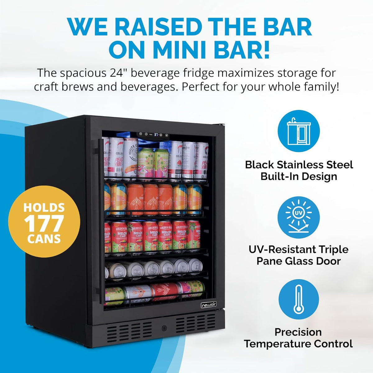 Newair 24" Beverage Refrigerator 177 Can Capacity, Black Stainless Steel Mini Fridge with Built-in