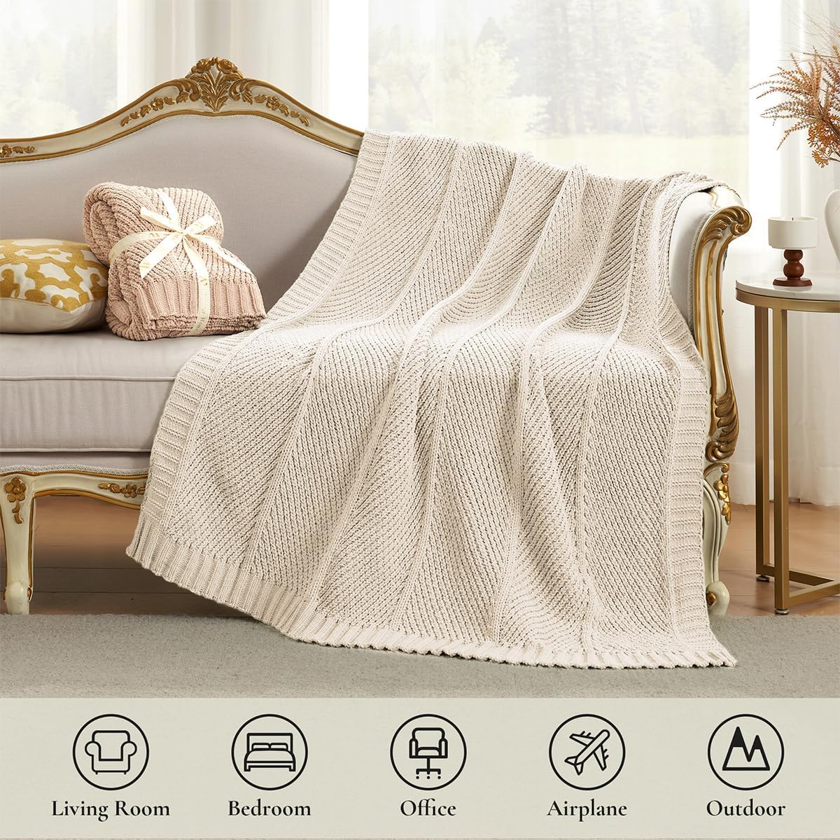 Amélie Home Chenille Knit Throw Blanket for Couch, Chevron Texture Decorative Soft Blanket for