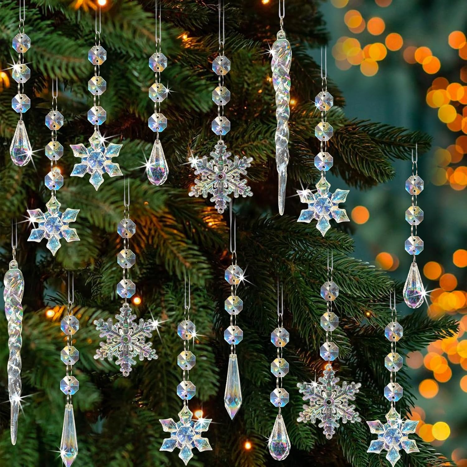 80pcs Christmas Crystal Snowflake Ornaments for Tree - Iridescent Christmas Acrylic Snowflakes Drop