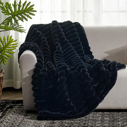Cozy Bliss Faux Fur Throw Blanket for Couch, Cozy Warm Plush Striped Blanket for Sofa Bedroom