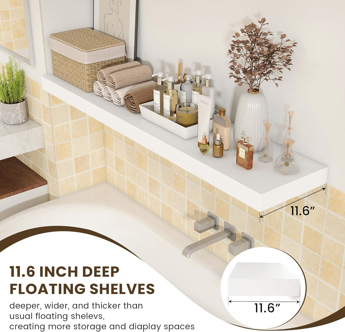 White Floating Shelves for Wall - 55 Inch Wide x 12 Inch Deep Wall Shelves Set of 1 - Rustic White