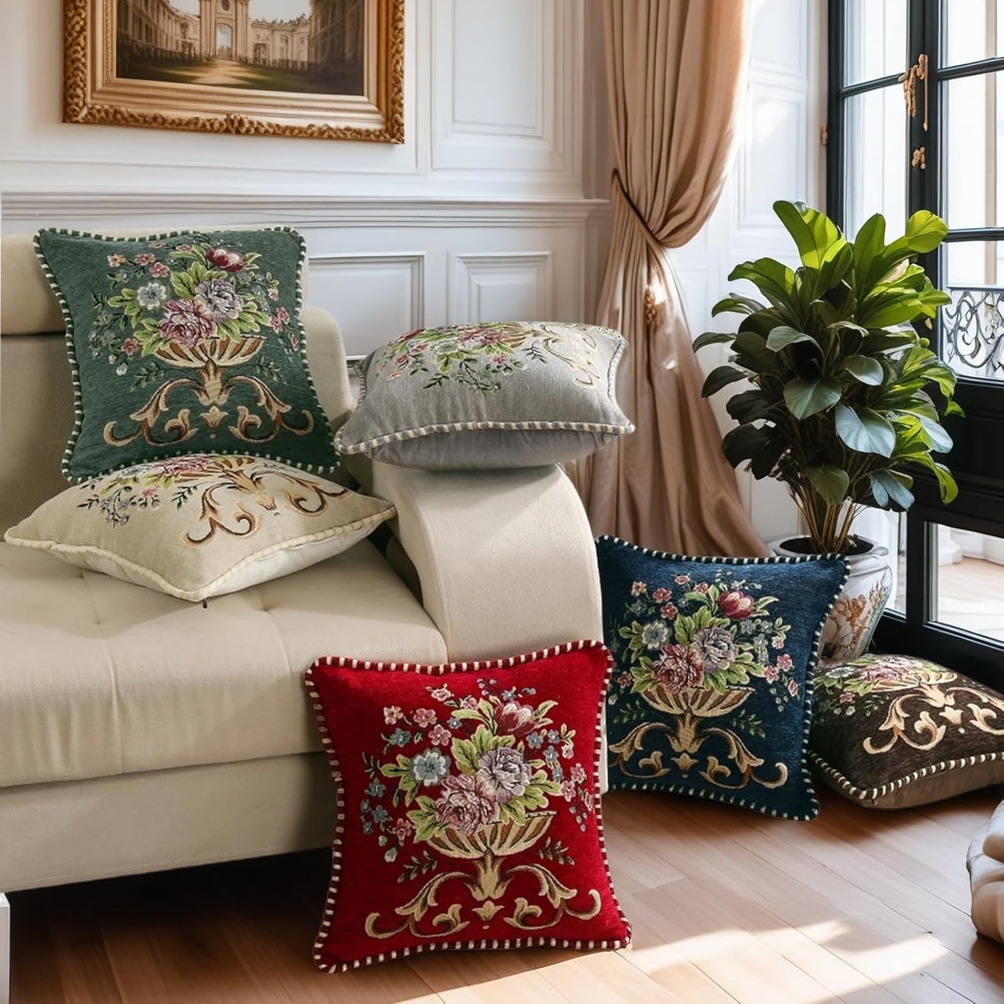 Set of 2 Red Vintage Embroidered Throw Pillows Covers 18x18in Sofa Couch,Red Floral Embroidered