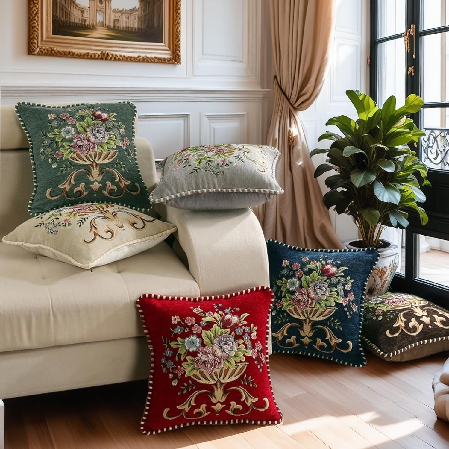 Set of 2 Red Vintage Embroidered Throw Pillows Covers 18x18in Sofa Couch,Red Floral Embroidered