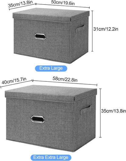 Large Linen Fabric Foldable Storage Bins with Removable Lid and Handles, Washable Storage Box