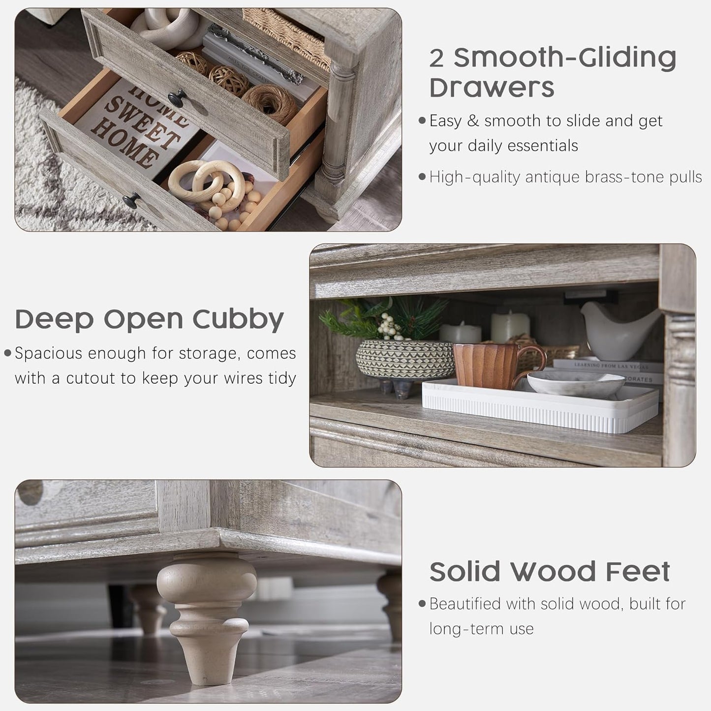 T4TREAM 24'' Farmhouse End Table w/4 Solid Wood Feet, Large 2 Drawers Wide Sofa Side Table with