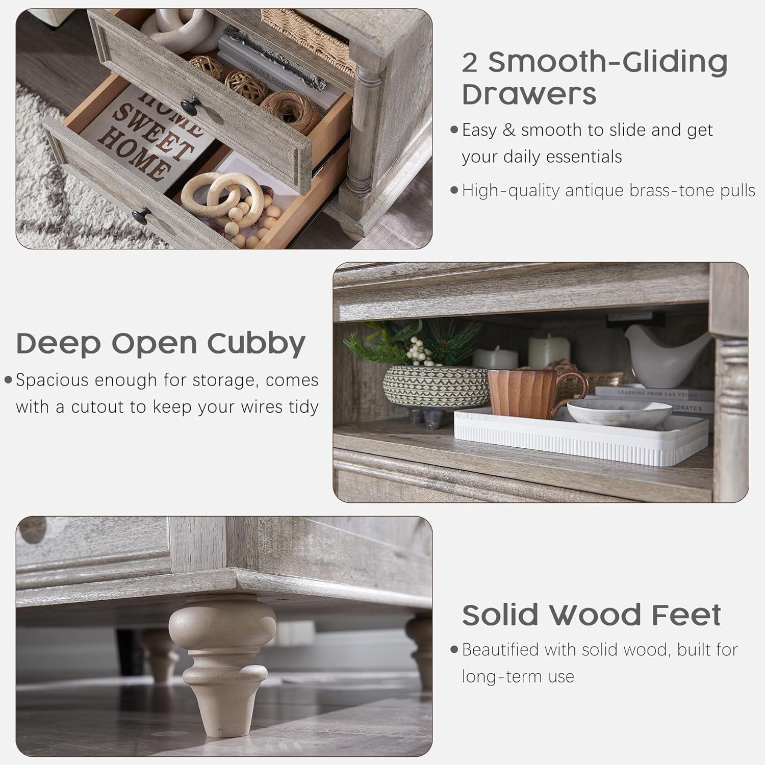 T4TREAM 24'' Farmhouse End Table w/4 Solid Wood Feet, Large 2 Drawers Wide Sofa Side Table with