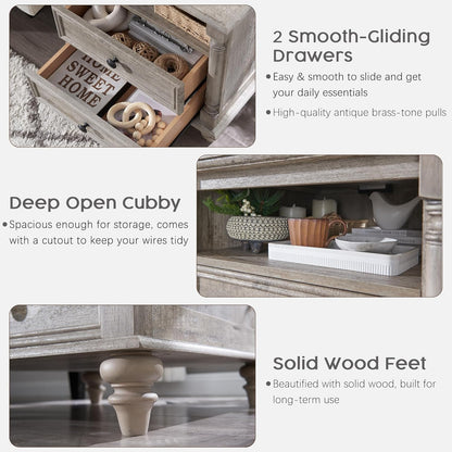 T4TREAM 24'' Farmhouse End Table w/4 Solid Wood Feet, Large 2 Drawers Wide Sofa Side Table with